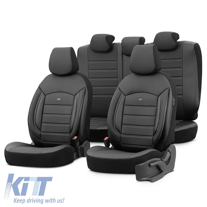 Seat Covers Otom Inspire Design Universal Full Artificial Leather Front / Rear Set 11 Pieces Black With Grey Stitch INS-3502