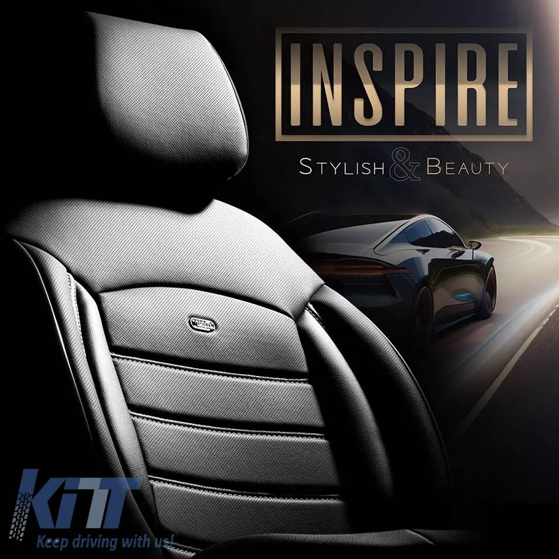 Seat Covers Otom Inspire Design Universal Full Artificial Leather Front / Rear Set 11 Pieces Black With Grey Stitch INS-3502