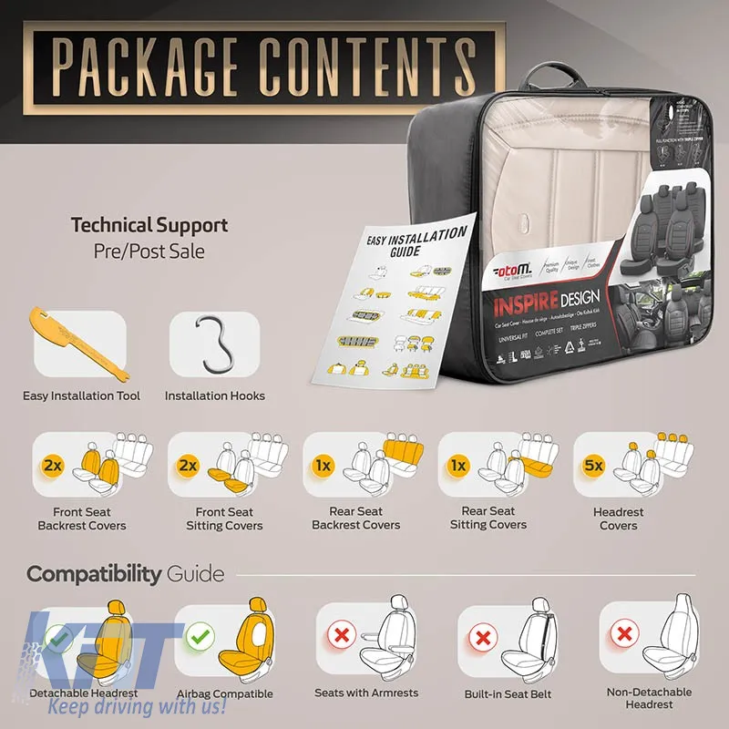 Seat Covers Otom Inspire Design Universal Full Artificial Leather Front / Rear Set 11 Pieces Beige INS-3509