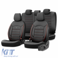 Seat Covers Otom Inspire Design Universal Full Artificial Leather Front / Rear Set 11 Pieces Black With Red Stitch INS-3503