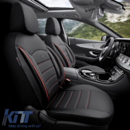 Seat Covers Otom Inspire Design Universal Full Artificial Leather Front / Rear Set 11 Pieces Black With Red Stitch INS-3503