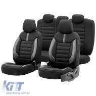 image-64-Seat Covers Otom Limited Design Universal Jacquard / Lacost / Artificial Leather Front / Rear Set 11 Pieces Black With Grey Seams LMT-102