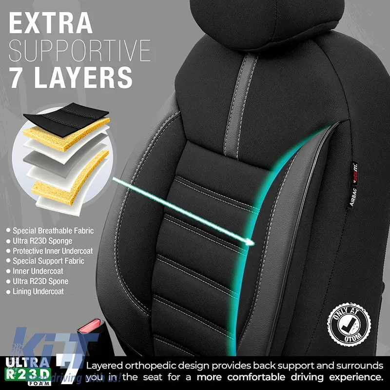 Seat Covers Otom Limited Design Universal Jacquard / Lacost / Artificial Leather Front / Rear Set 11 Pieces Black With Grey Seams LMT-102