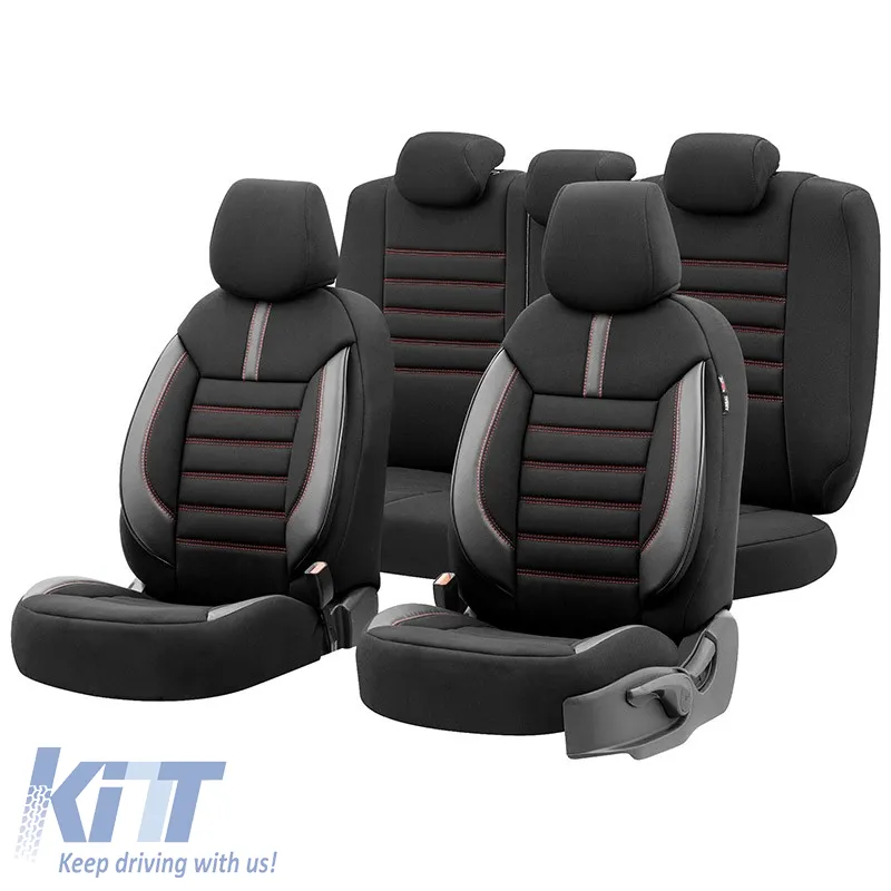Seat Covers Otom Limited Design Universal Jacquard / Lacost / Artificial Leather Front / Rear Set 11 Pieces Black With Red Seams LMT-101