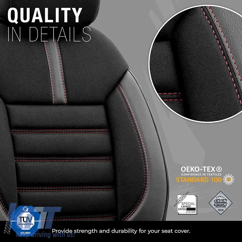 Seat Covers Otom Limited Design Universal Jacquard / Lacost / Artificial Leather Front / Rear Set 11 Pieces Black With Red Seams LMT-101