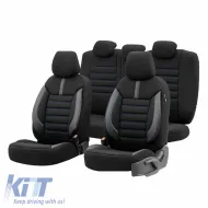 image-66-Seat Covers Otom Limited Design Universal Jacquard / Lacost / Artificial Leather Front / Rear Set 11 Pieces Black With Blue Seams LMT-103
