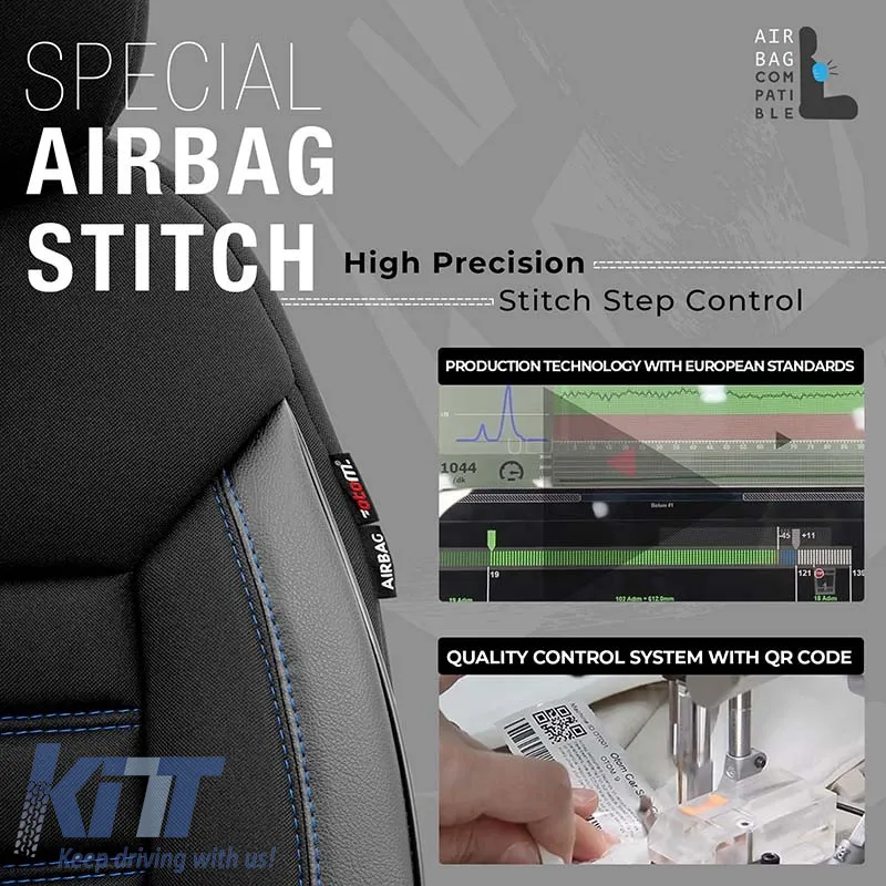 Seat Covers Otom Limited Design Universal Jacquard / Lacost / Artificial Leather Front / Rear Set 11 Pieces Black With Blue Seams LMT-103