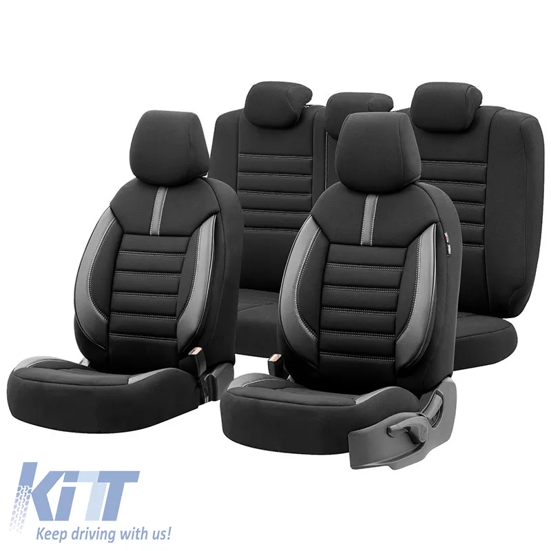 Seat Covers Otom Limited Design Universal Jacquard / Lacost / Artificial Leather Front / Rear Set 11 Pieces Black With Grey Seams LMT-102