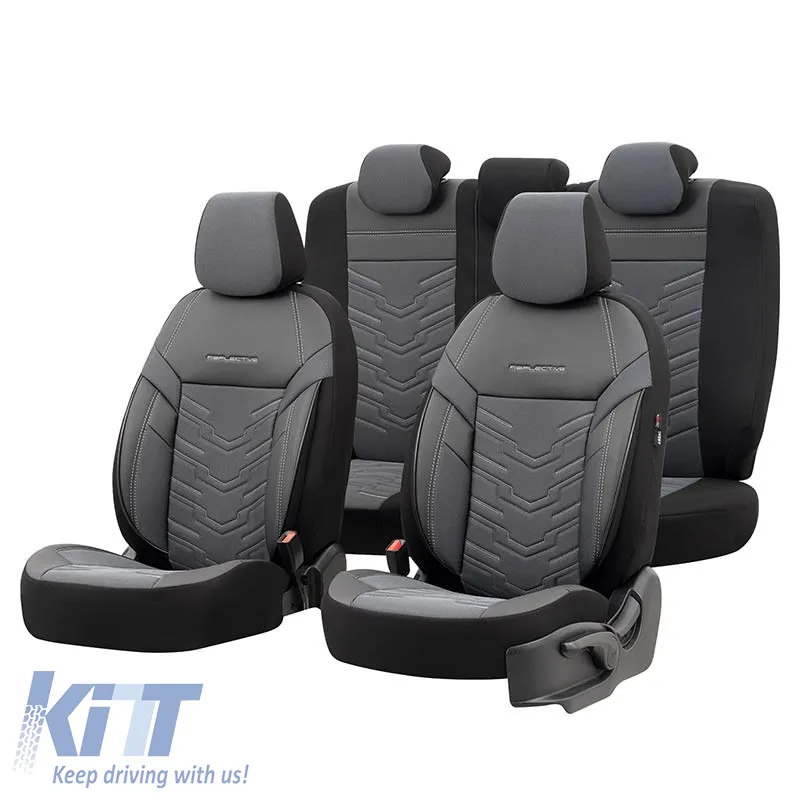 Seat Covers Otom Reflective Design Universal Jacquard / Rachel / Artificial Leather Front / Rear Set 11 Pieces Black - Dark Grey RFL-2603
