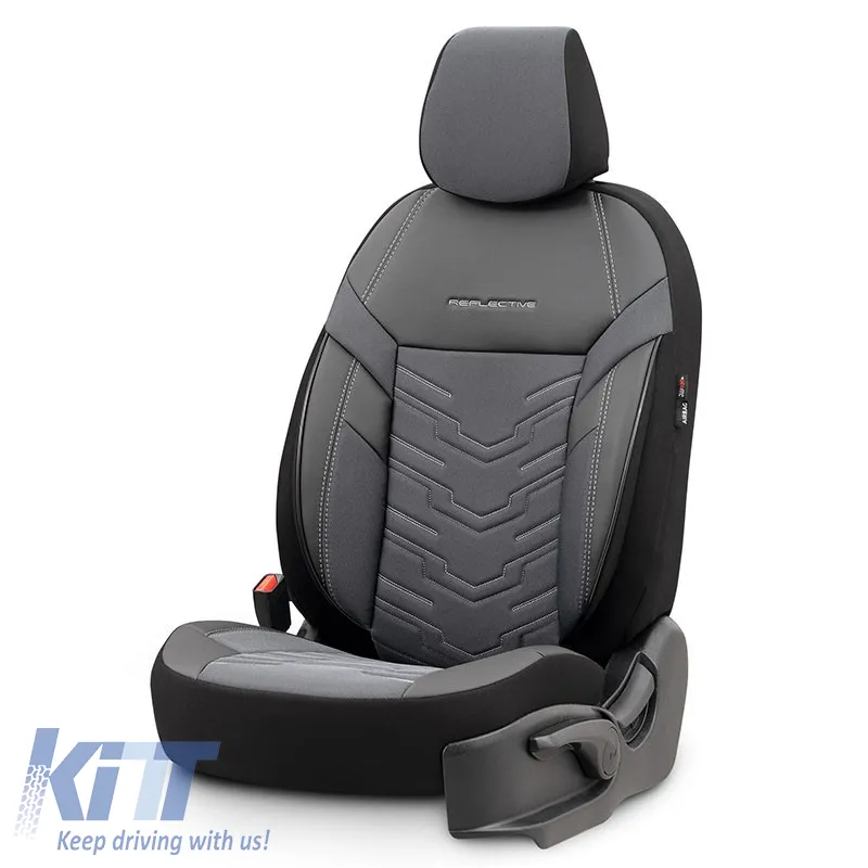 Seat Covers Otom Reflective Design Universal Jacquard / Rachel / Artificial Leather Front / Rear Set 11 Pieces Black - Dark Grey RFL-2603