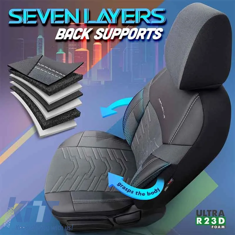 Seat Covers Otom Reflective Design Universal Jacquard / Rachel / Artificial Leather Front / Rear Set 11 Pieces Black - Dark Grey RFL-2603