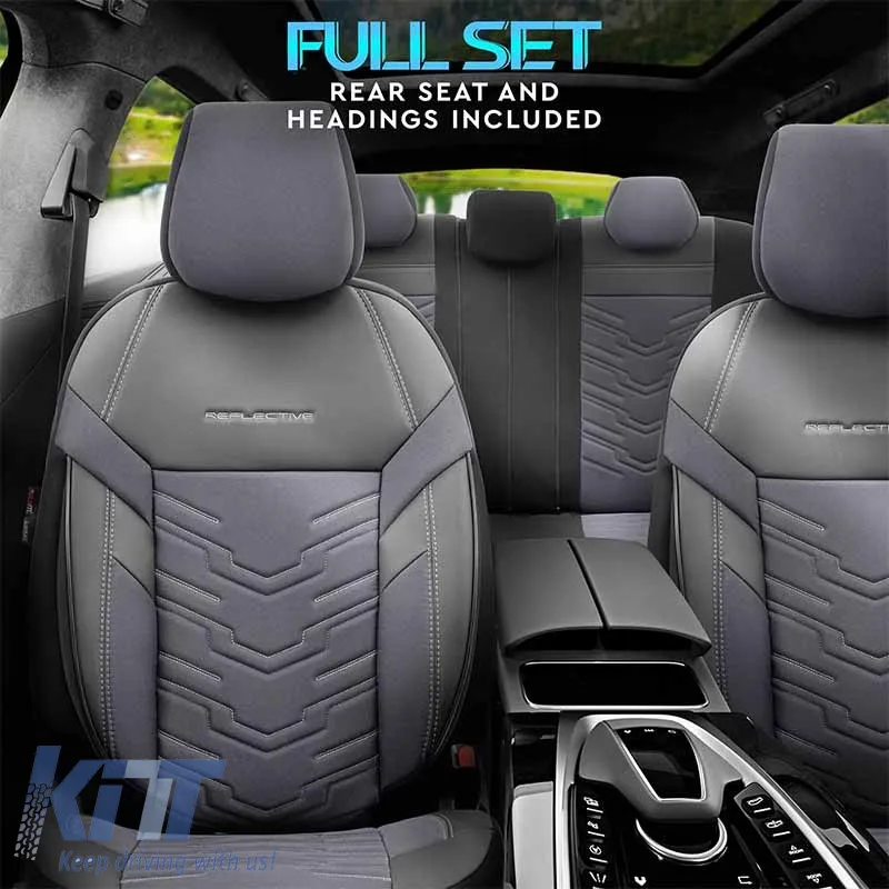 Seat Covers Otom Reflective Design Universal Jacquard / Rachel / Artificial Leather Front / Rear Set 11 Pieces Black - Dark Grey RFL-2603