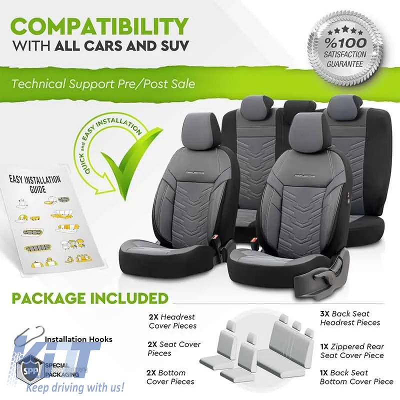 Seat Covers Otom Reflective Design Universal Jacquard / Rachel / Artificial Leather Front / Rear Set 11 Pieces Black - Dark Grey RFL-2603