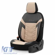 Seat Covers Otom Reflective Design Universal Jacquard / Rachel / Artificial Leather Front / Rear Set 11 Pieces Black - Beige RFL-2605-image-6305240