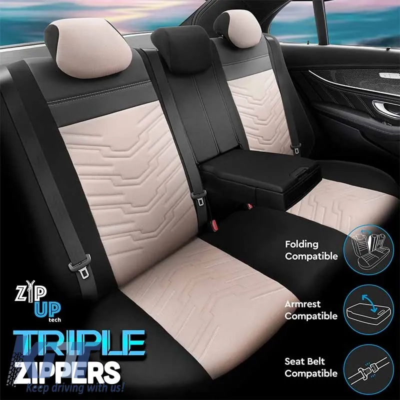 Seat Covers Otom Reflective Design Universal Jacquard / Rachel / Artificial Leather Front / Rear Set 11 Pieces Black - Beige RFL-2605