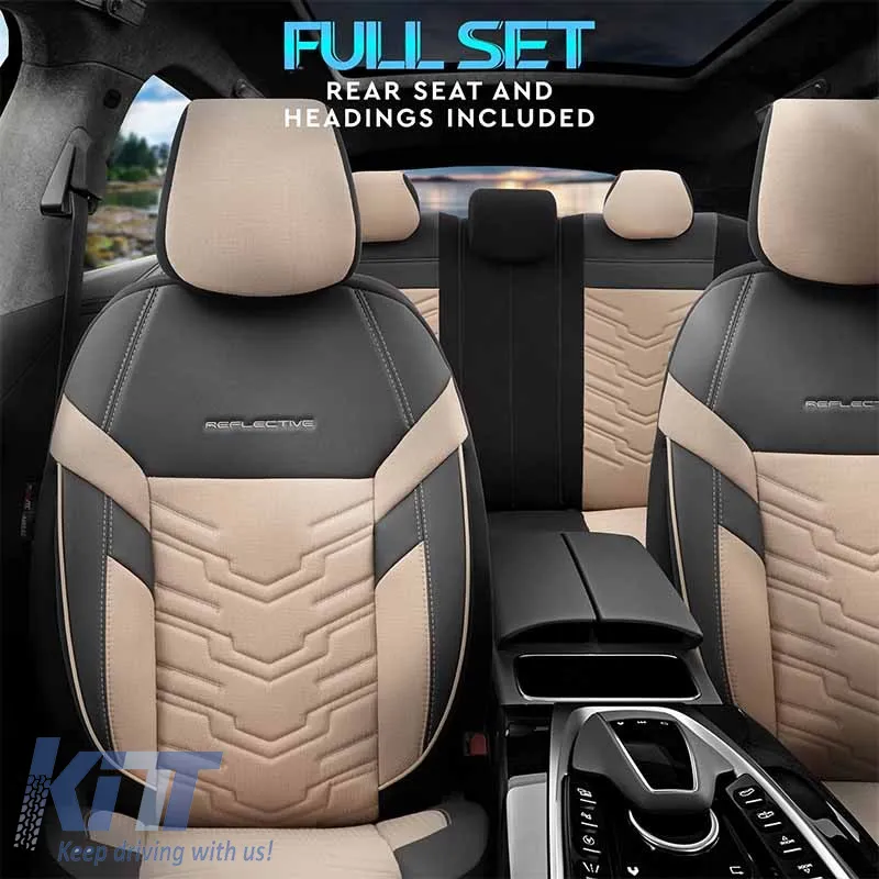 Seat Covers Otom Reflective Design Universal Jacquard / Rachel / Artificial Leather Front / Rear Set 11 Pieces Black - Beige RFL-2605