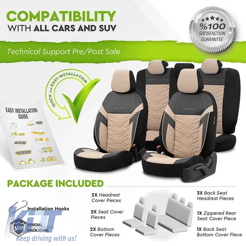 Seat Covers Otom Reflective Design Universal Jacquard / Rachel / Artificial Leather Front / Rear Set 11 Pieces Black - Beige RFL-2605