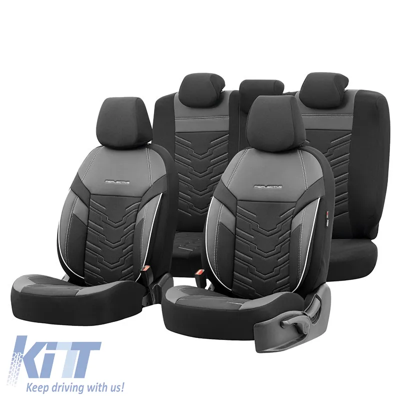 Seat Covers Otom Reflective Design Universal Jacquard / Rachel / Artificial Leather Front / Rear Set 11 Pieces Black With White Stitch RFL-2602
