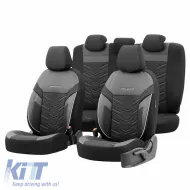 image-39-Seat Covers Otom Reflective Design Universal Jacquard / Rachel / Artificial Leather Front / Rear Set 11 Pieces Black With White Stitch RFL-2602