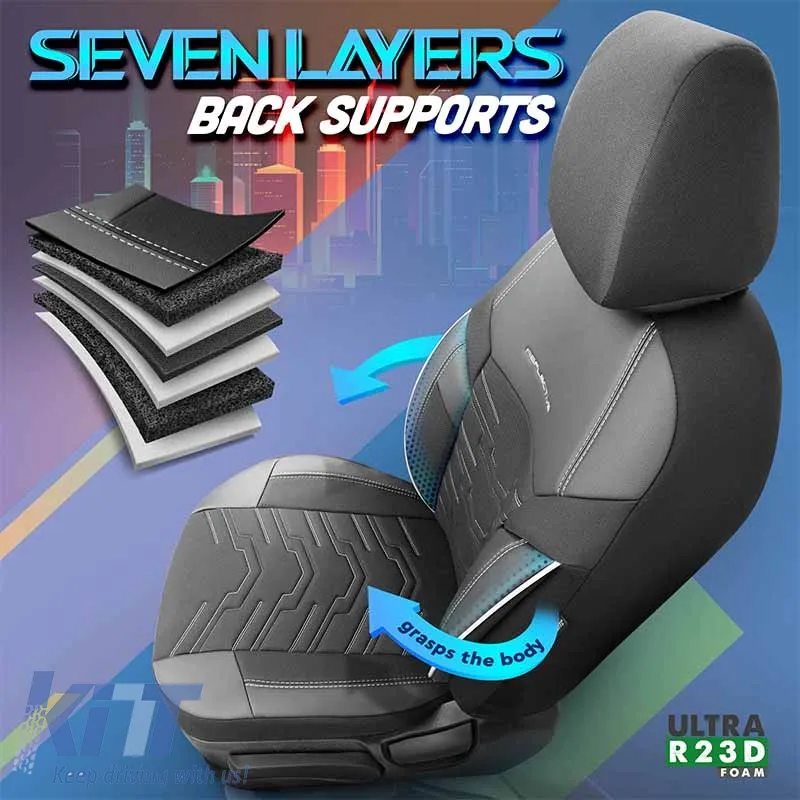 Seat Covers Otom Reflective Design Universal Jacquard / Rachel / Artificial Leather Front / Rear Set 11 Pieces Black With White Stitch RFL-2602