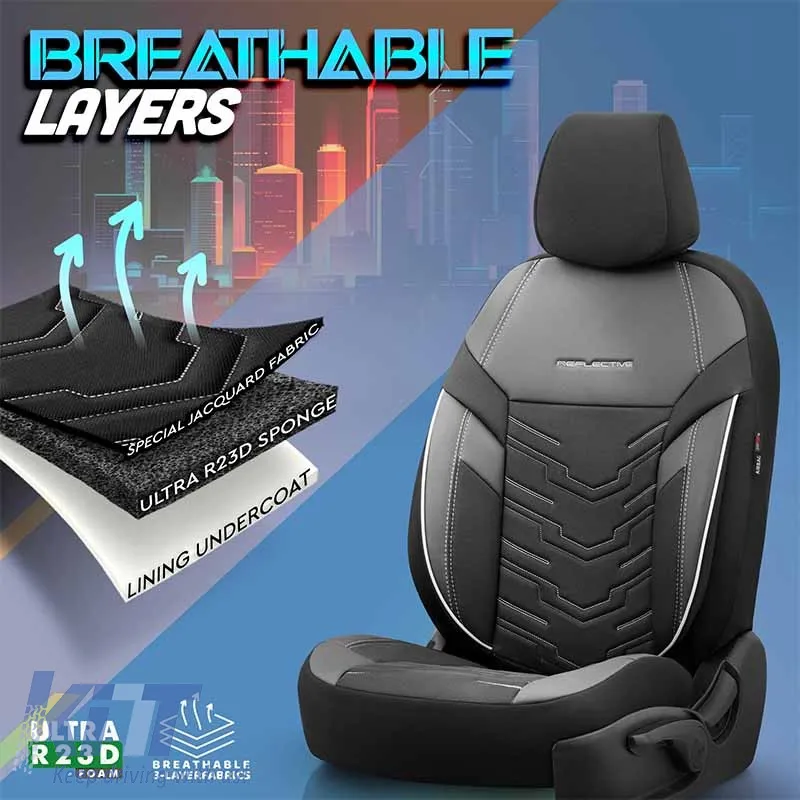 Seat Covers Otom Reflective Design Universal Jacquard / Rachel / Artificial Leather Front / Rear Set 11 Pieces Black With White Stitch RFL-2602