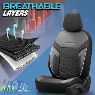 Seat Covers Otom Reflective Design Universal Jacquard / Rachel / Artificial Leather Front / Rear Set 11 Pieces Black With White Stitch RFL-2602-image-6305253