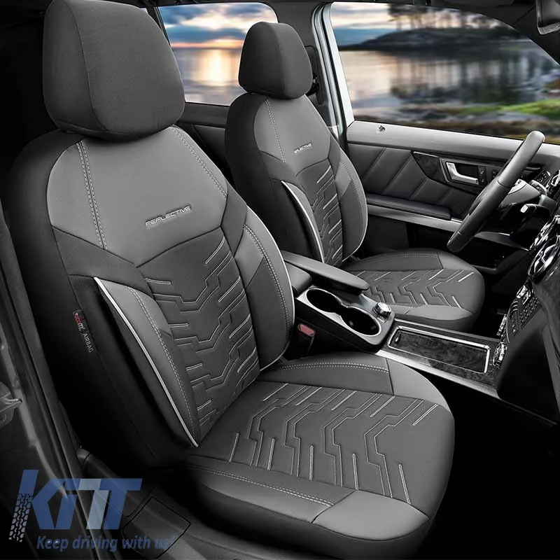 Seat Covers Otom Reflective Design Universal Jacquard / Rachel / Artificial Leather Front / Rear Set 11 Pieces Black With White Stitch RFL-2602