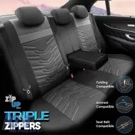 Seat Covers Otom Reflective Design Universal Jacquard / Rachel / Artificial Leather Front / Rear Set 11 Pieces Black With White Stitch RFL-2602-image-6305257