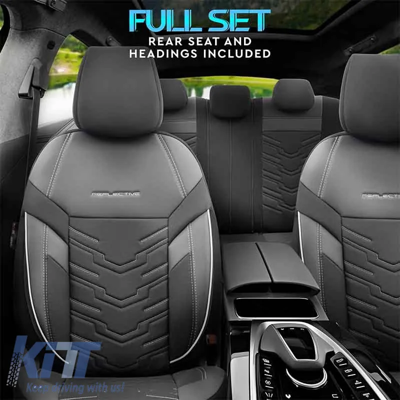 Seat Covers Otom Reflective Design Universal Jacquard / Rachel / Artificial Leather Front / Rear Set 11 Pieces Black With White Stitch RFL-2602