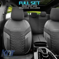 Seat Covers Otom Reflective Design Universal Jacquard / Rachel / Artificial Leather Front / Rear Set 11 Pieces Black With White Stitch RFL-2602-image-6305258
