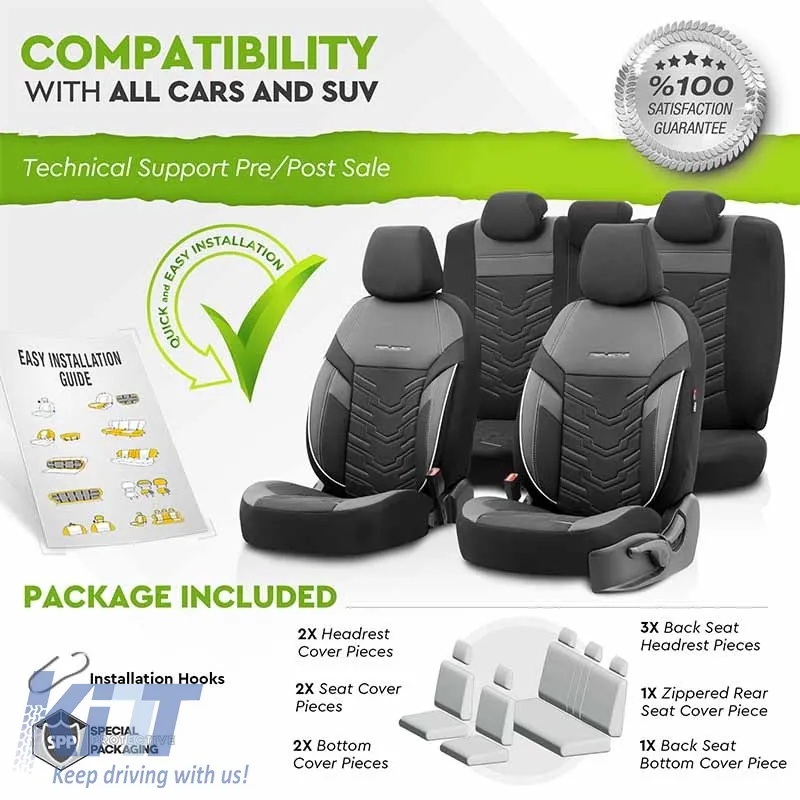 Seat Covers Otom Reflective Design Universal Jacquard / Rachel / Artificial Leather Front / Rear Set 11 Pieces Black With White Stitch RFL-2602