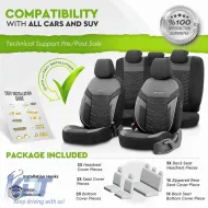 Seat Covers Otom Reflective Design Universal Jacquard / Rachel / Artificial Leather Front / Rear Set 11 Pieces Black With White Stitch RFL-2602-image-6305259