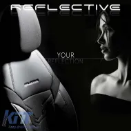 Seat Covers Otom Reflective Design Universal Jacquard / Rachel / Artificial Leather Front / Rear Set 11 Pieces Black With White Stitch RFL-2602-image-6305260