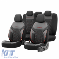 Seat Covers Otom Reflective Design Universal Jacquard / Rachel / Artificial Leather Front / Rear Set 11 Pieces Black With Red Stitch RFL-2601