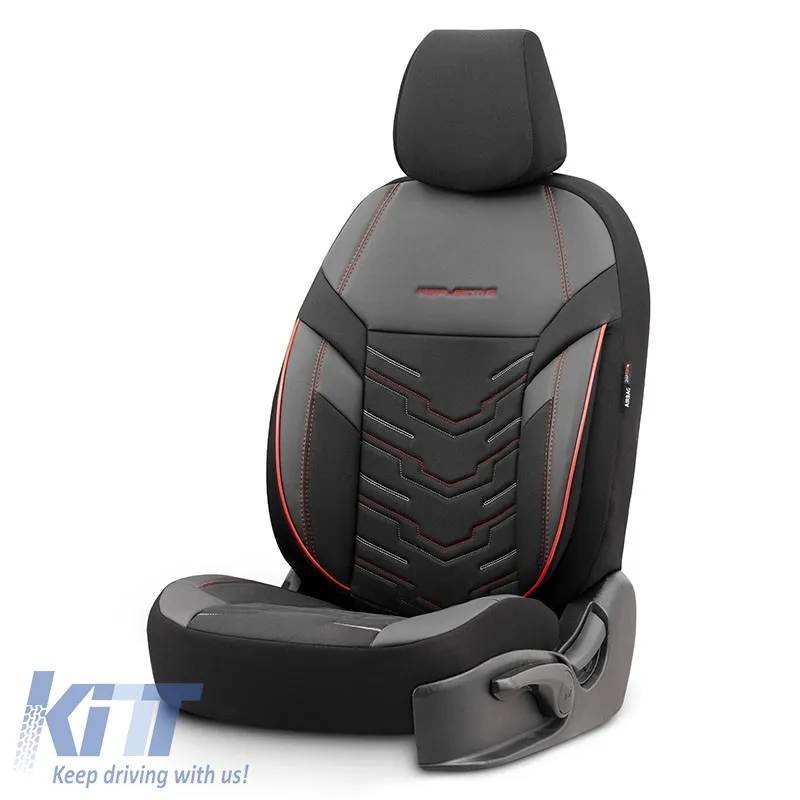 Seat Covers Otom Reflective Design Universal Jacquard / Rachel / Artificial Leather Front / Rear Set 11 Pieces Black With Red Stitch RFL-2601