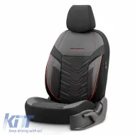 Seat Covers Otom Reflective Design Universal Jacquard / Rachel / Artificial Leather Front / Rear Set 11 Pieces Black With Red Stitch RFL-2601-image-6305262