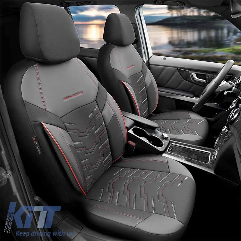 Seat Covers Otom Reflective Design Universal Jacquard / Rachel / Artificial Leather Front / Rear Set 11 Pieces Black With Red Stitch RFL-2601