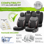 Seat Covers Otom Reflective Design Universal Jacquard / Rachel / Artificial Leather Front / Rear Set 11 Pieces Black With Red Stitch RFL-2601