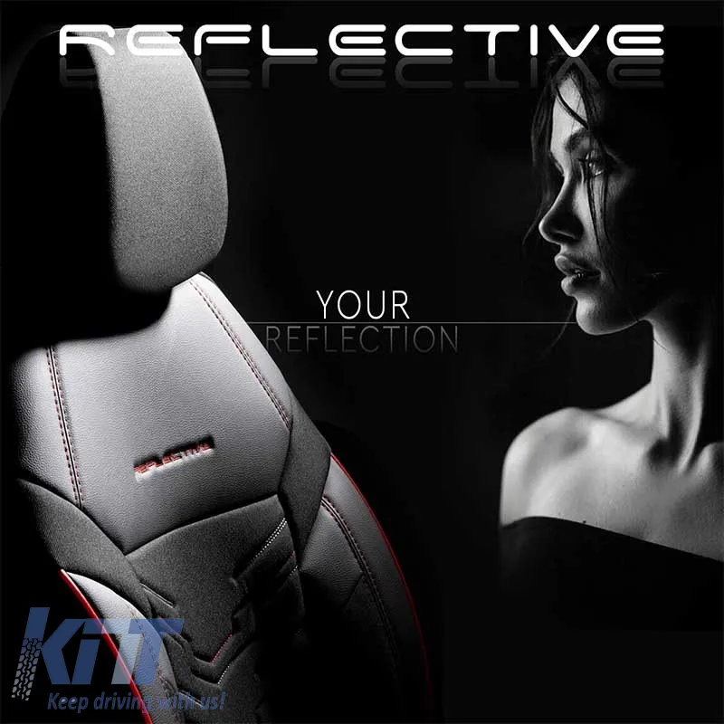 Seat Covers Otom Reflective Design Universal Jacquard / Rachel / Artificial Leather Front / Rear Set 11 Pieces Black With Red Stitch RFL-2601