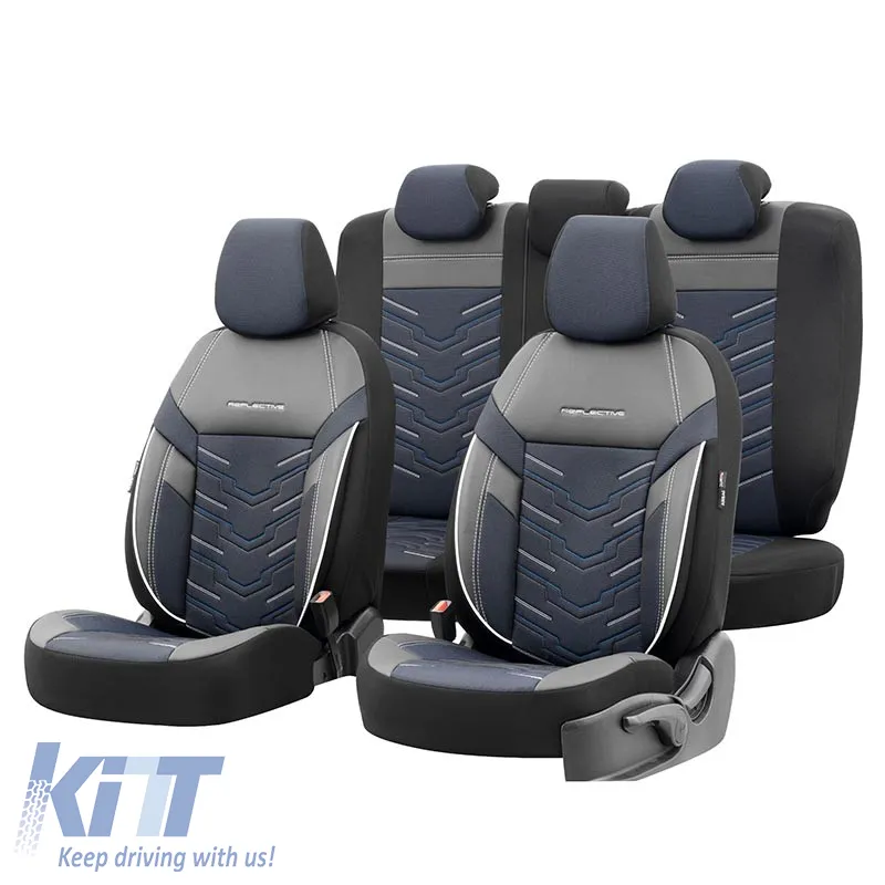 Seat Covers Otom Reflective Design Universal Jacquard / Rachel / Artificial Leather Front / Rear Set 11 Pieces Black With Blue Stitch RFL-2604