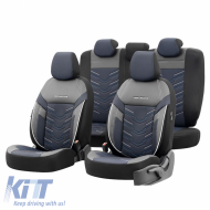 Seat Covers Otom Reflective Design Universal Jacquard / Rachel / Artificial Leather Front / Rear Set 11 Pieces Black With Blue Stitch RFL-2604