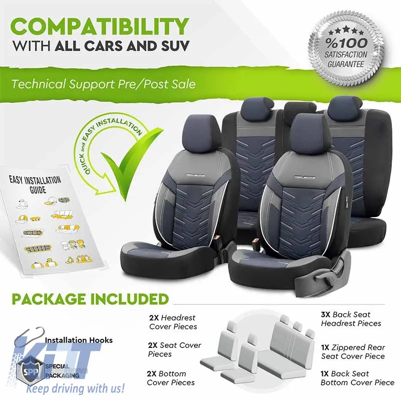 Seat Covers Otom Reflective Design Universal Jacquard / Rachel / Artificial Leather Front / Rear Set 11 Pieces Black With Blue Stitch RFL-2604