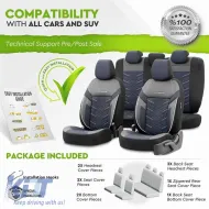 Seat Covers Otom Reflective Design Universal Jacquard / Rachel / Artificial Leather Front / Rear Set 11 Pieces Black With Blue Stitch RFL-2604-image-6305281