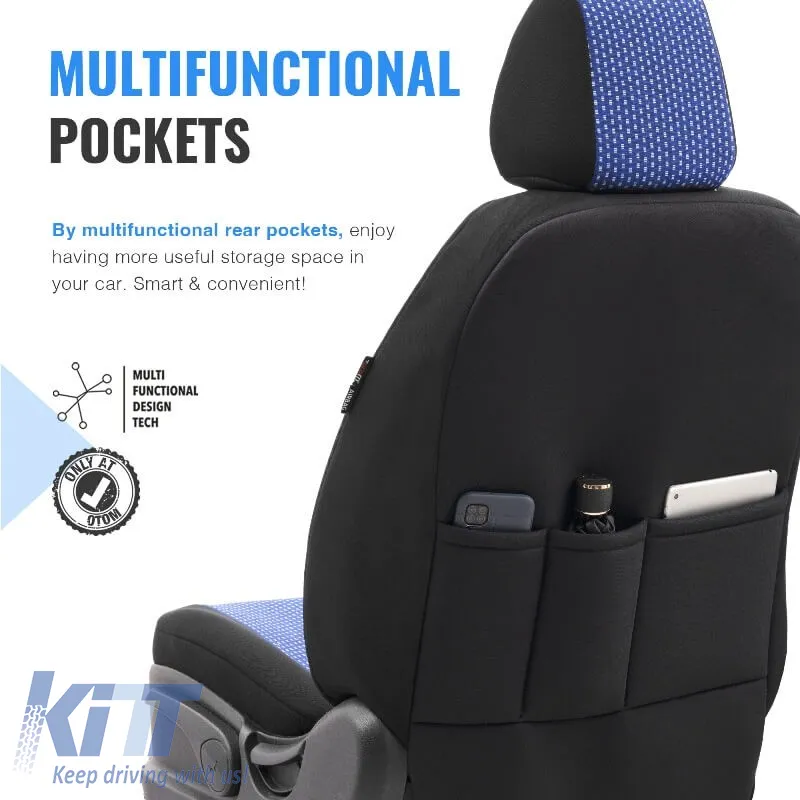 Seat Covers Otom Smart Design Universal Cotton / Leather Front / Rear Set 11 Pieces Black / Blue SLTSMT104-NZ