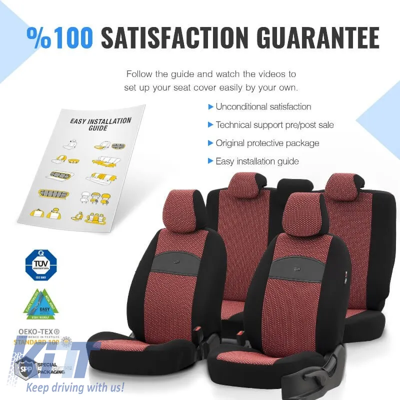 Seat Covers Otom Smart Design Universal Cotton / Leather Front / Rear Set 11 Pieces Black / Red SLTSMT103-NZ