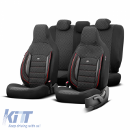 Seat Covers Otom Sport Plus City Design Universal Cotton / Rachel / Artificial Leather Front / Rear Set 11 Pieces Black With Red Stitch SPTPLS-102CTY