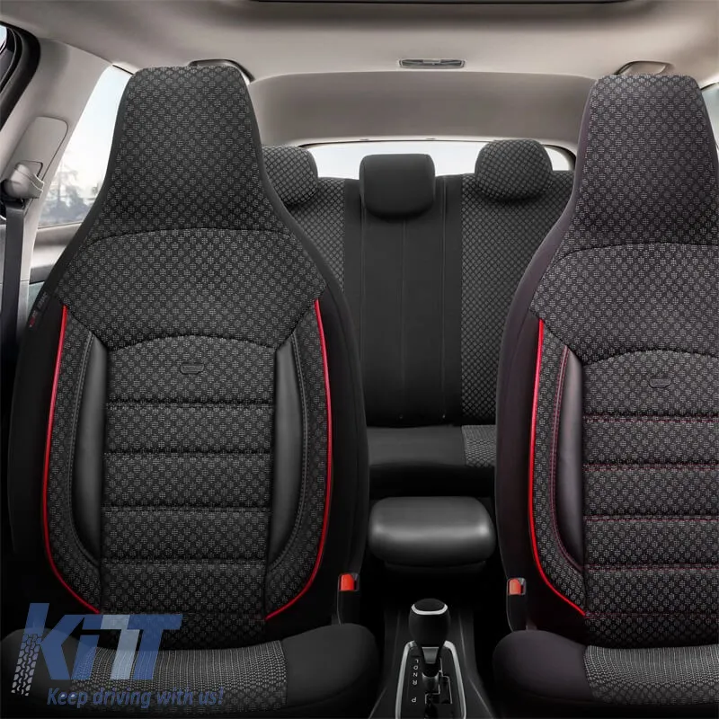 Seat Covers Otom Sport Plus City Design Universal Cotton / Rachel / Artificial Leather Front / Rear Set 11 Pieces Black With Red Stitch SPTPLS-102CTY