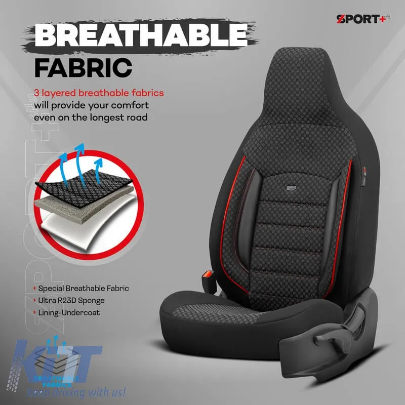 Seat Covers Otom Sport Plus City Design Universal Cotton / Rachel / Artificial Leather Front / Rear Set 11 Pieces Black With Red Stitch SPTPLS-102CTY