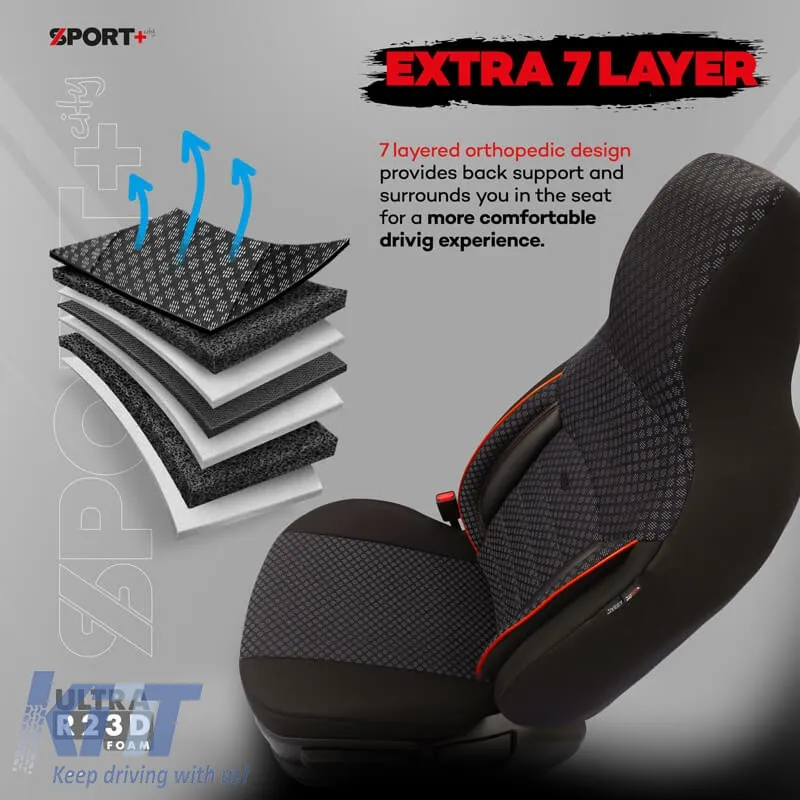 Seat Covers Otom Sport Plus City Design Universal Cotton / Rachel / Artificial Leather Front / Rear Set 11 Pieces Black With Red Stitch SPTPLS-102CTY