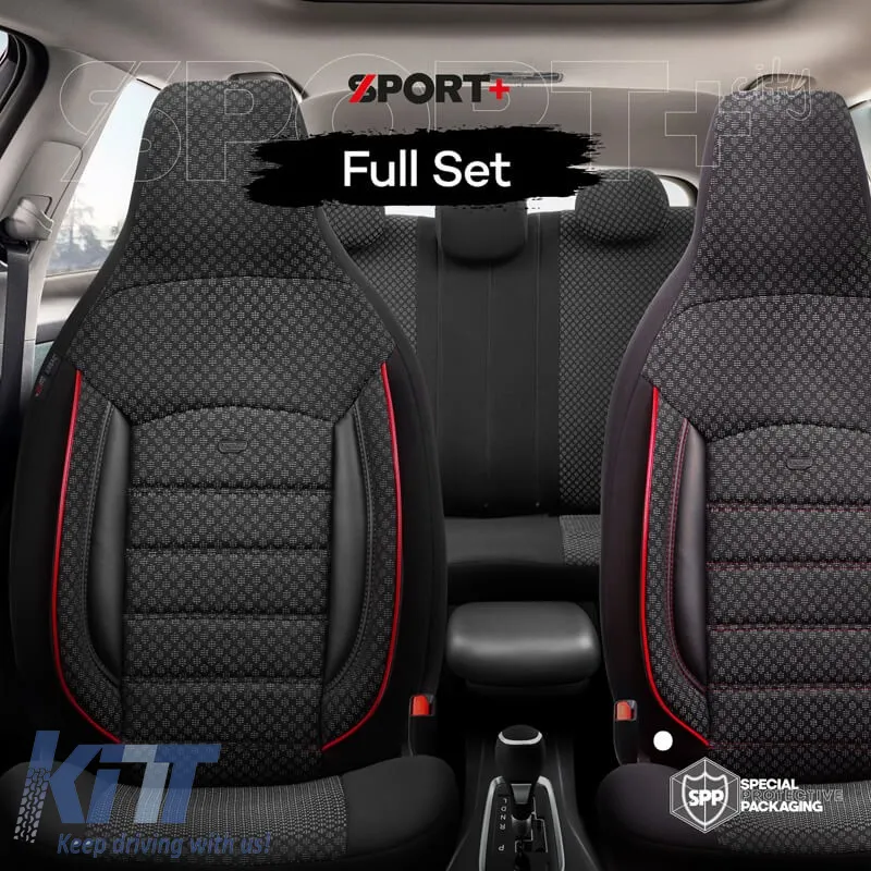 Seat Covers Otom Sport Plus City Design Universal Cotton / Rachel / Artificial Leather Front / Rear Set 11 Pieces Black With Red Stitch SPTPLS-102CTY
